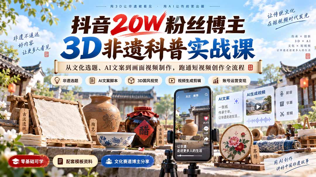 (20356期)抖音20W粉丝博主3D非遗科普实战课:从文化选题、AI文案到画面视频制作,跑通短视频创作全流程-赛德副业库