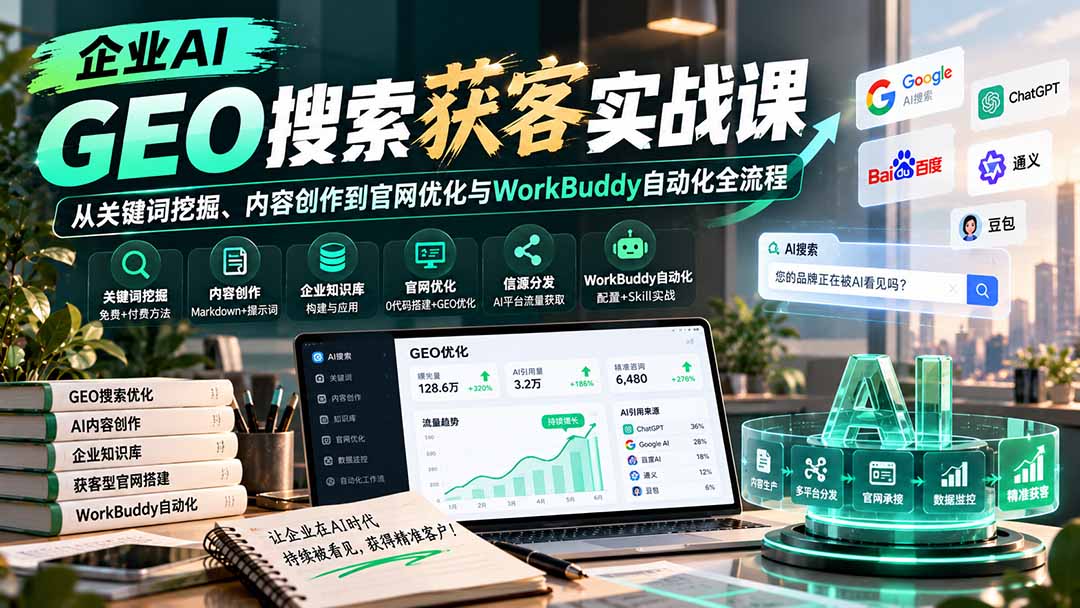 (20643期)企业AI GEO搜索获客实战课:从关键词挖掘、内容创作到官网优化与WorkBuddy自动化全流程-赛德副业库
