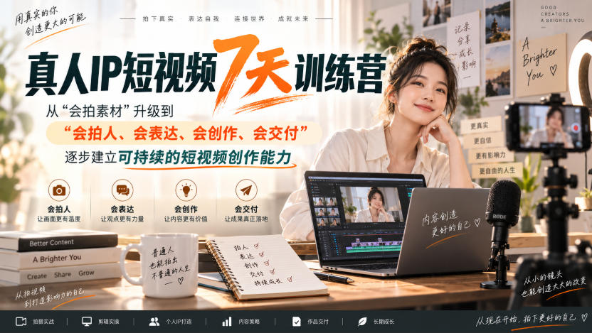 真人IP短视频7天训练营,从“会拍素材”升级到“会拍人、会表达、会创作、会交付”,逐步建立可持续的短视频创作能力-赛德副业库