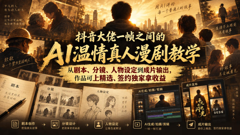 抖音大佬一帧之间的AI温情真人漫剧教学，从剧本、分镜、人物设定到成片输出，作品可上精选、签约独家拿收益-赛德副业库