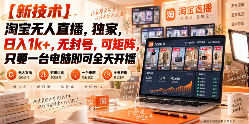 【独家新技术】淘宝无人直播,日入1k+,无封号,可矩阵,只要一台电脑即可全天开播【揭秘】-赛德副业库