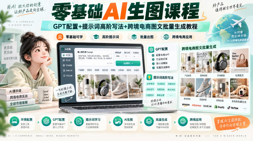 零基础AI生图课程,GPT配置+提示词高阶写法+跨境电商图文批量生成教程-赛德副业库