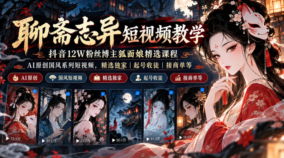 聊斋志异短视频教学,抖音12W粉丝博主狐面娘精选课程,AI原创国风系列短视频,精选独家丨起号收徒丨接商单等-赛德副业库