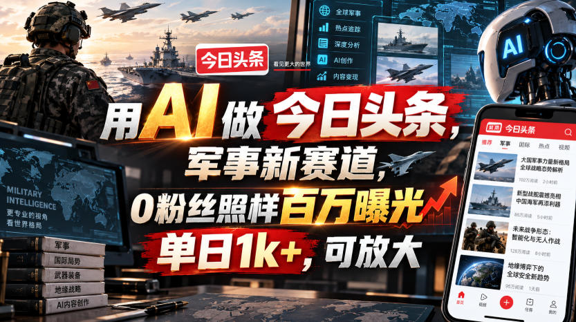 用AI做今日头条,军事新赛道,0粉丝照样百万曝光,单日1k+,可放大-赛德副业库