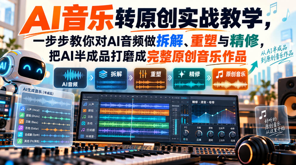 AI音乐转原创实战教学,一步步教你对AI音频做拆解、重塑与精修,把AI半成品打磨成完整原创音乐作品-赛德副业库