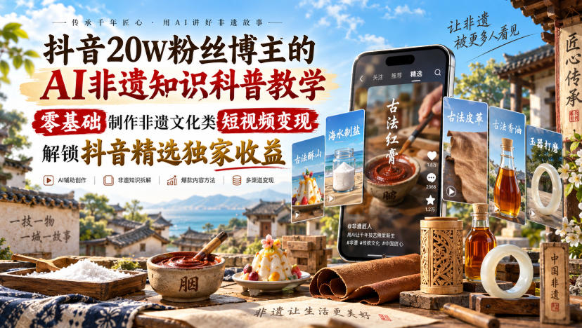 抖音20W粉丝博主的AI非遗知识科普教学,零基础制作非遗文化类短视频变现,解锁抖音精选独家收益-赛德副业库