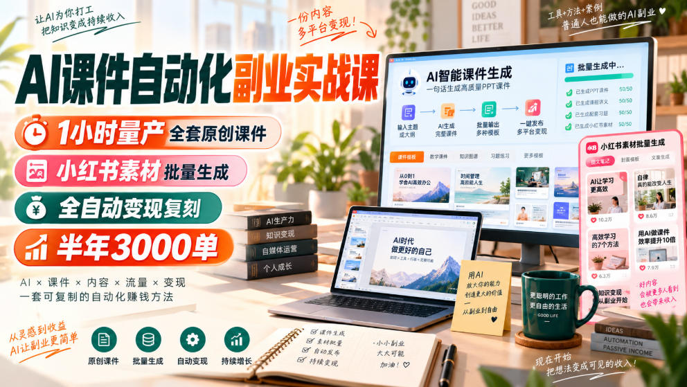 AI课件自动化副业实战课,1小时量产全套原创课件,小红书素材批量生成,全自动变现复刻,半年3000单-赛德副业库