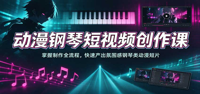 动漫钢琴短视频创作课:掌握制作全流程,快速产出氛围感钢琴类动漫短片-赛德副业库