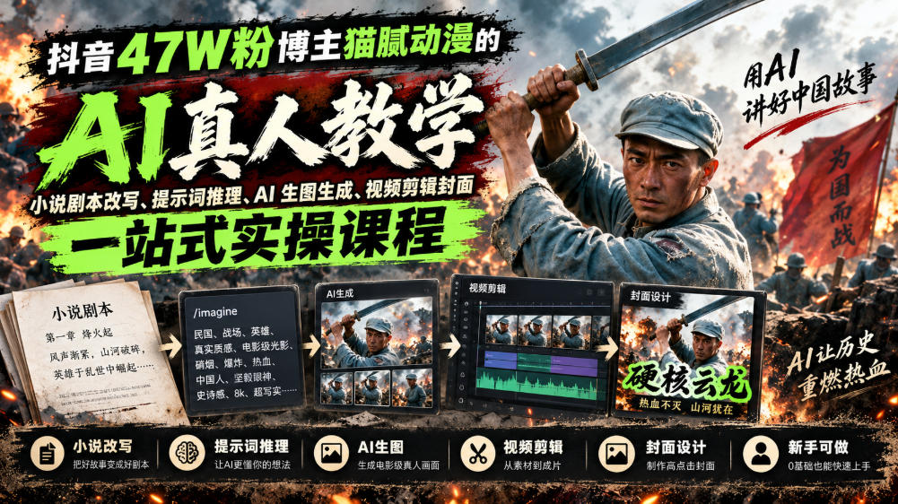 抖音47W粉博主猫腻动漫的AI真人漫剧教学,小说剧本改写、提示词推理、AI生图生成、视频剪辑封面一站式实操课程-赛德副业库