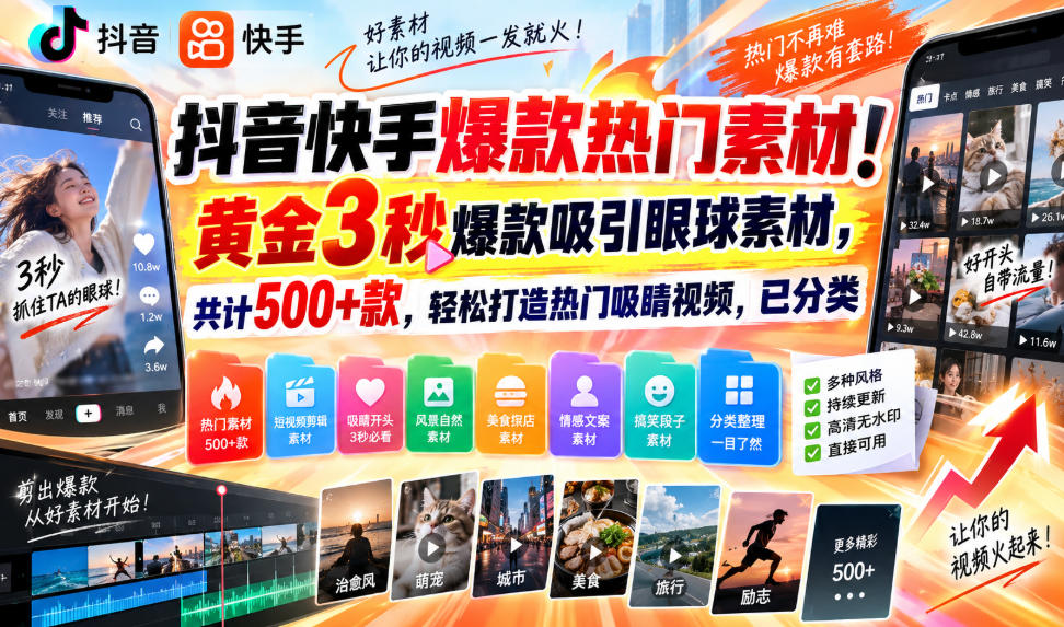 抖音快手爆款热门素材！黄金3秒爆款吸引眼球素材，共计500+款，轻松打造热门吸睛视频，已分类-赛德副业库
