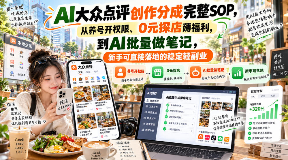 【无水印】AI大众点评创作分成完整SOP,从养号开权限、0元探店薅福利,到AI批量做笔记,新手可直接落地的稳定轻副业-赛德副业库