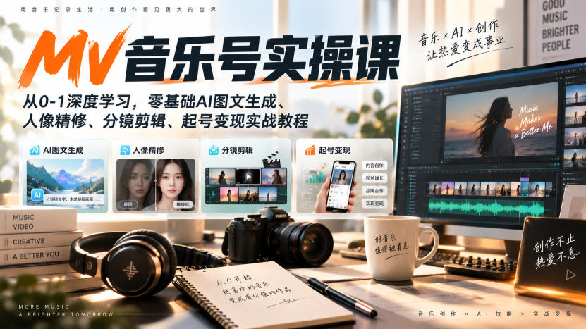 AI MV音乐号实操课,从0-1深度学习,零基础AI图文生成、人像精修、分镜剪辑、起号变现实战教程-赛德副业库