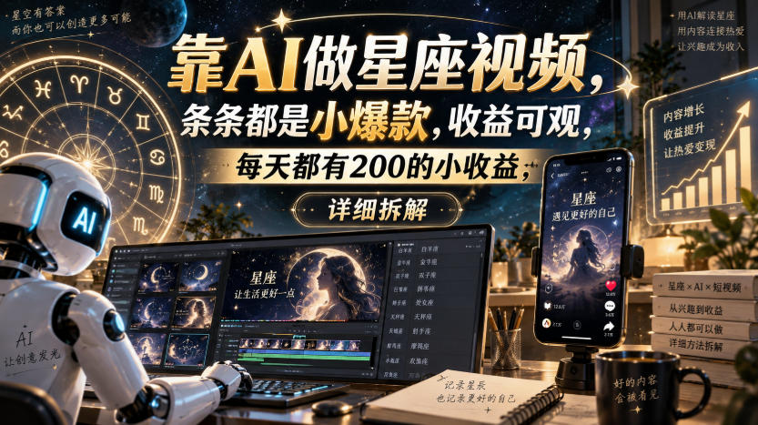 靠AI做星座视频，条条都是小爆款，收益可观，每天都有200的小收益，详细拆解-赛德副业库