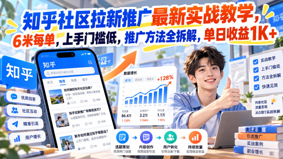 知乎社区拉新推广最新实战教学,6米每单,上手门槛低,推广方法全拆解,单日收益1K+!-赛德副业库