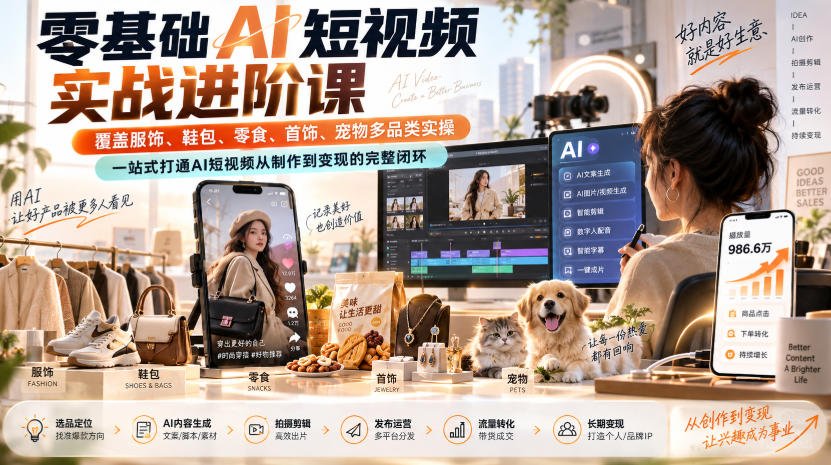 零基础AI短视频实战进阶课，覆盖服饰、鞋包、零食、首饰、宠物多品类实操，一站式打通AI短视频从制作到变现的完整闭环-赛德副业库