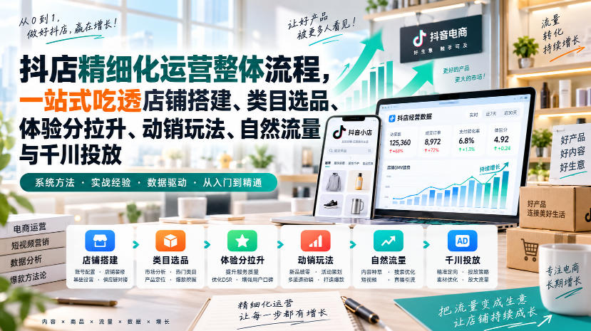 李哥电商-抖店精细化运营整体流程,一站式吃透店铺搭建、类目选品、体验分拉升、动销玩法、自然流量与千川投放-赛德副业库