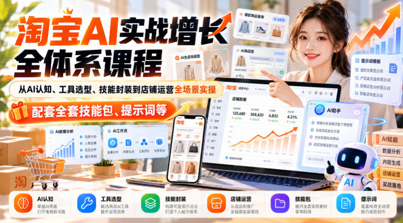 淘宝AI实战增长全体系课程,从AI认知、工具选型、技能封装到店铺运营全场景实操,配套全套技能包、提示词等-赛德副业库