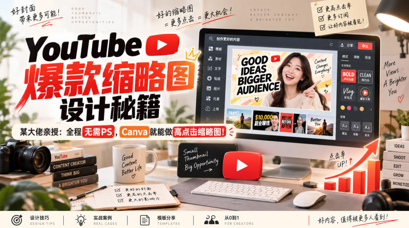 YouTube爆款缩略图设计秘籍,某油管大佬(610万订阅者)亲授,全程无需PS,Canva就能做高点击缩略图!【原创双语字幕】-赛德副业库