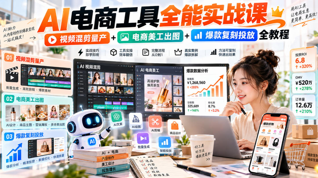 AI电商工具全能实战教学,视频混剪量产+电商美工出图+爆款复刻投放全教程-赛德副业库