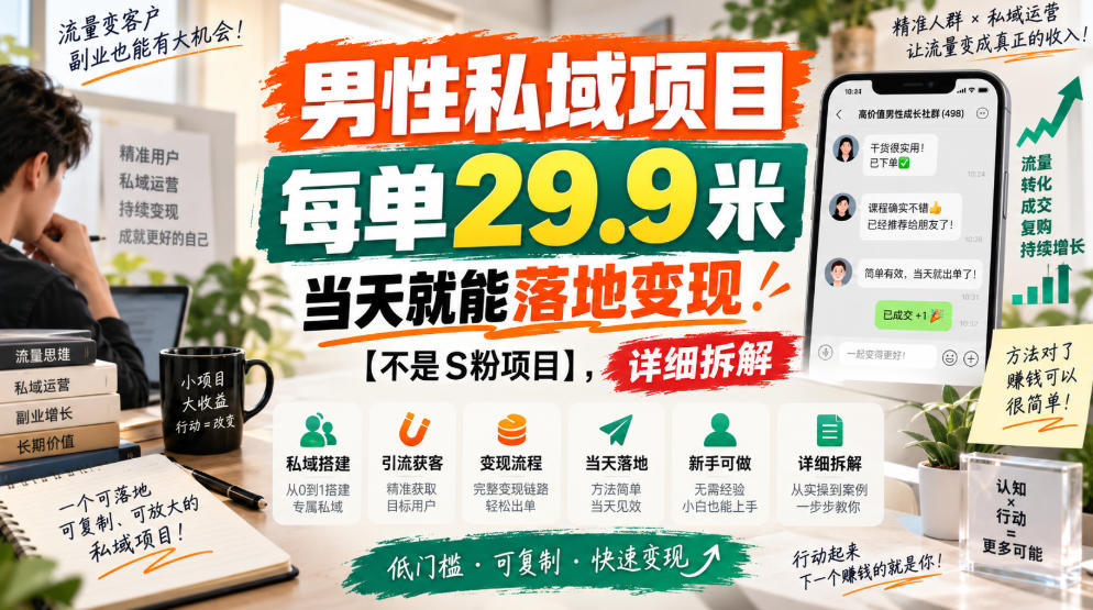 男性私域项目，每单29.9米，当天就能落地变现【不是S粉项目】，详细拆解-赛德副业库