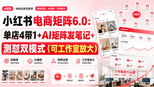 小红书电商矩阵6.0：单店4带1+AI矩阵发笔记+测怼双模式（可工作室放大）-赛德副业库