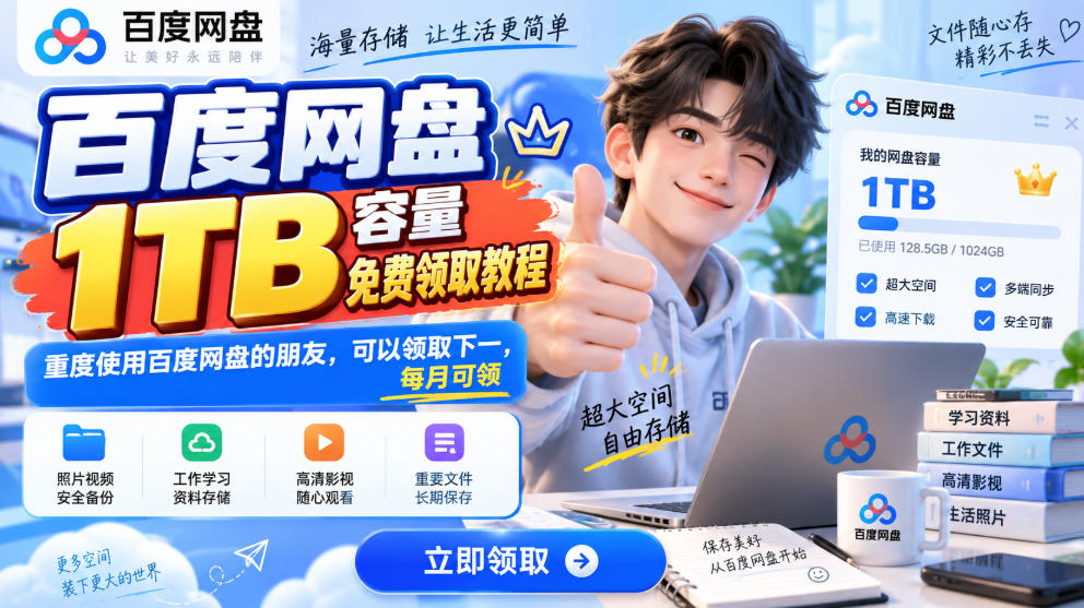 百度网盘1TB容量免费领取教程，重度使用百度网盘的朋友，可以领取下一，每月可领-赛德副业库