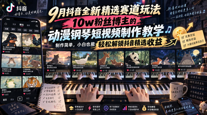 9月抖音全新精选赛道玩法,10w粉丝博主的动漫钢琴短视频制作教学,制作简单,小白也能轻松解锁抖音精选收益-赛德副业库