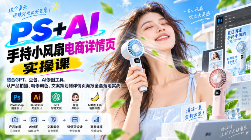 PS+AI手持小风扇电商详情页实操课|结合GPT、豆包、AI修图工具,从产品拍摄、精修调色、文案策划到详情页海报全套落地实战-赛德副业库