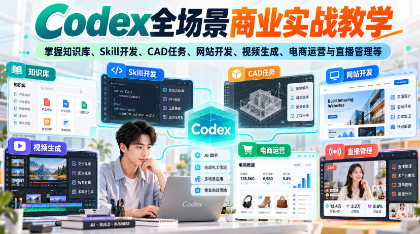 【无水印】Codex全场景商业实战教学,掌握知识库、Skill开发、CAD任务、网站开发、视频生成、电商运营与直播管理等-赛德副业库