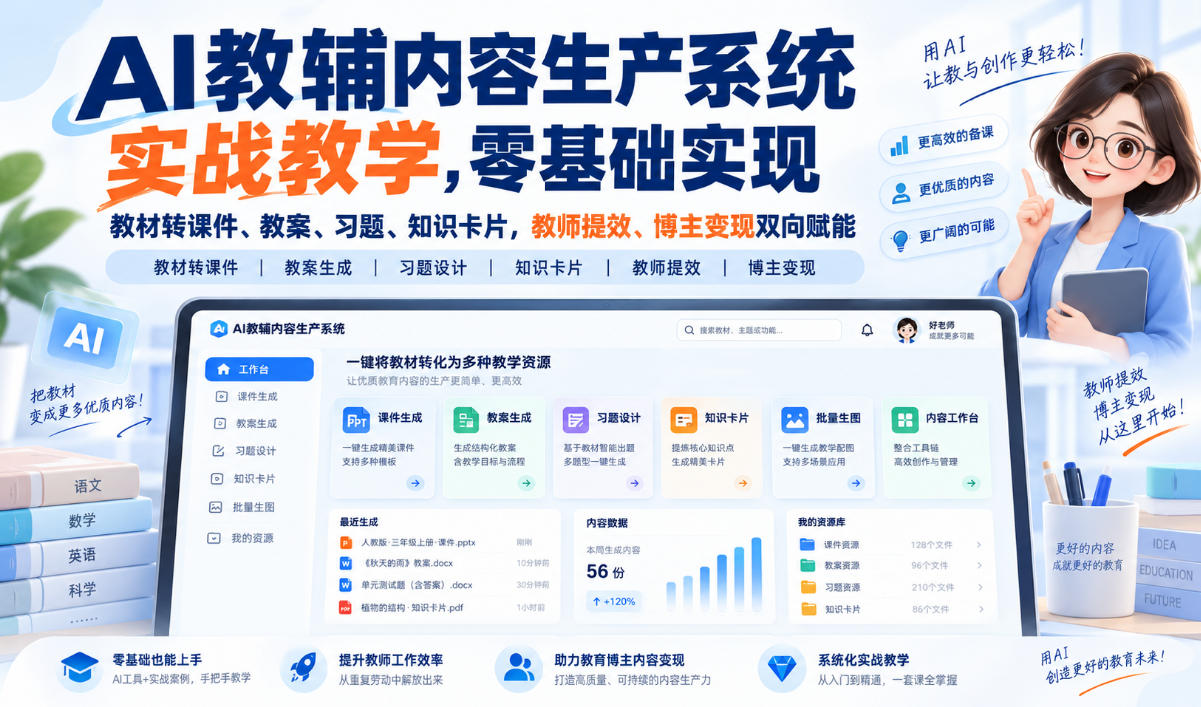 AI教辅内容生产系统实战教学,零基础实现教材转课件、教案、习题、知识卡片,教师提效、博主变现双向赋能-赛德副业库