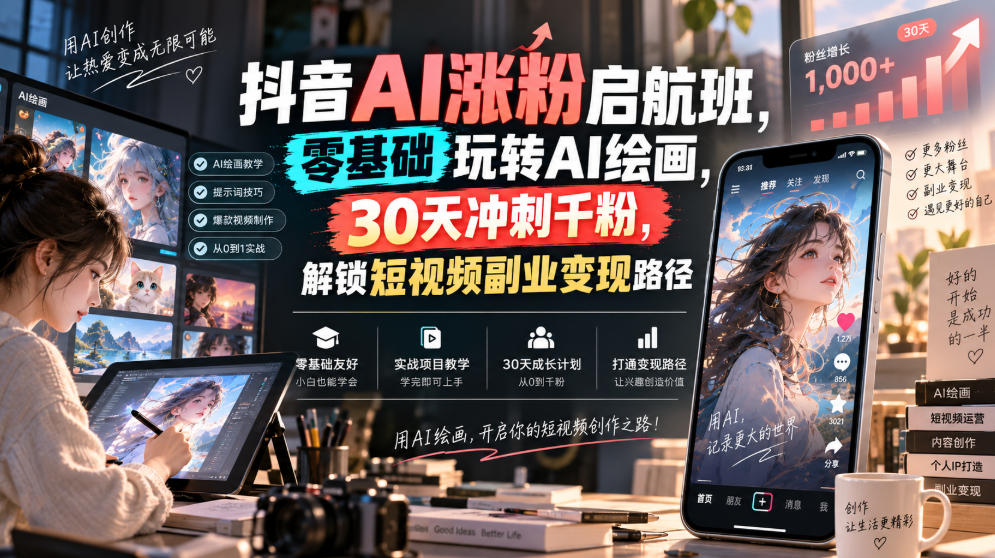 抖音AI涨粉启航班，零基础玩转AI绘画，30天冲刺千粉，解锁短视频副业变现路径-赛德副业库