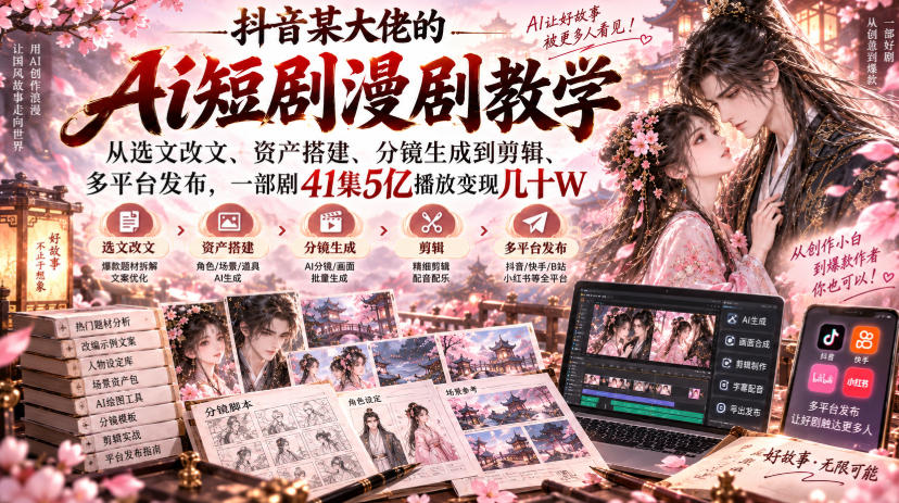 抖音某大佬的Ai短剧漫剧教学，从选文改文、资产搭建、分镜生成到剪辑、多平台发布，一部剧41集5亿播放变现几十W-赛德副业库