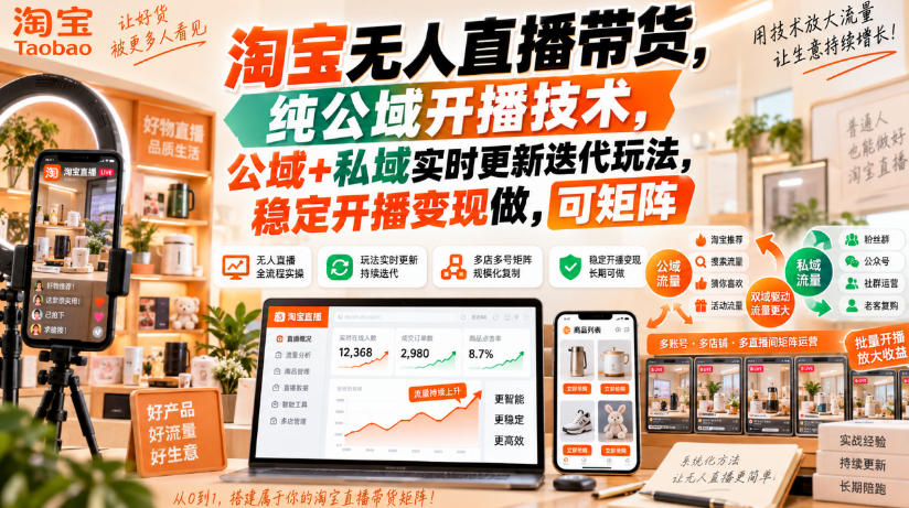 淘宝无人直播带货，纯公域开播技术，公域+私域实时更新迭代玩法，稳定开播变现做，可矩阵【揭秘】-赛德副业库
