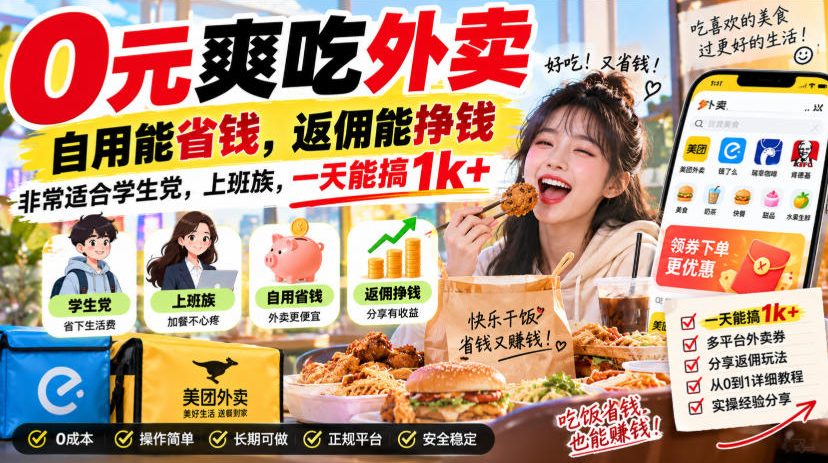 0元爽吃外卖，自用能省钱，返佣能挣钱，非常适合学生党，上班族，一天能搞1k+-赛德副业库