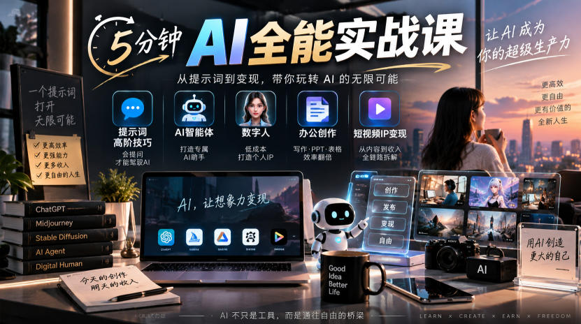 5分钟AI全能实战课|提示词高阶技巧+AI智能体+数字人+办公创作+短视频IP变现全教程-赛德副业库