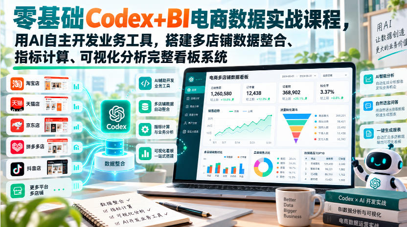 零基础Codex+BI电商数据实战课程,用AI自主开发业务工具,搭建多店铺数据整合、指标计算、可视化分析完整看板系统-赛德副业库