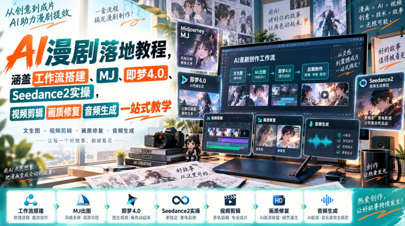 AI漫剧落地教程,涵盖工作流搭建、MJ、即梦4.0、Seedance2实操,视频剪辑画质修复音频生成一站式教学-赛德副业库