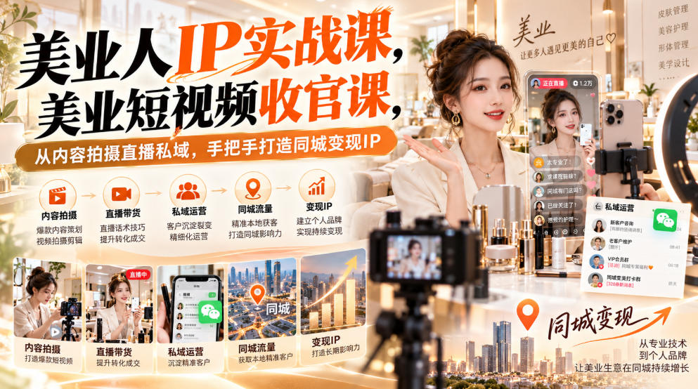 【无水印】美业人IP实战课,美业短视频收官课,从内容拍摄直播私域,手把手打造同城变现IP-赛德副业库