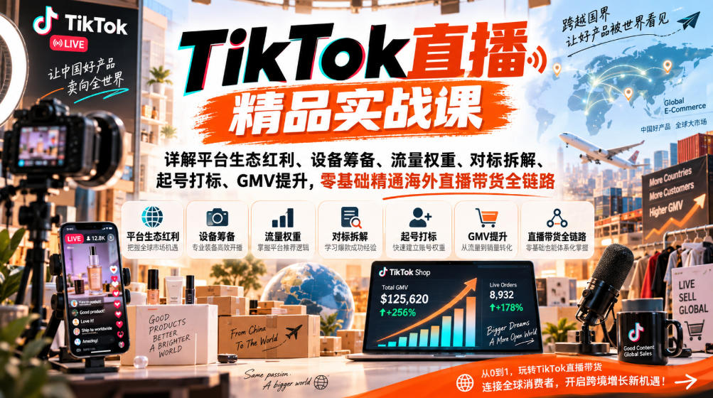 TikTok直播精品实战课，详解平台生态红利、设备筹备、流量权重、对标拆解、起号打标、GMV提升，零基础精通海外直播带货全链路-赛德副业库