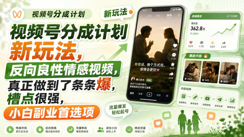 视频号分成计划新玩法,反向良性情感视频,真正做到了条条爆,槽点很强,小白副业首选项-赛德副业库