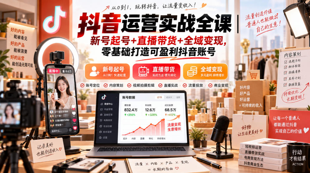 抖音运营实战全课|新号起号+直播带货+全域变现,零基础打造可盈利抖音账号-赛德副业库