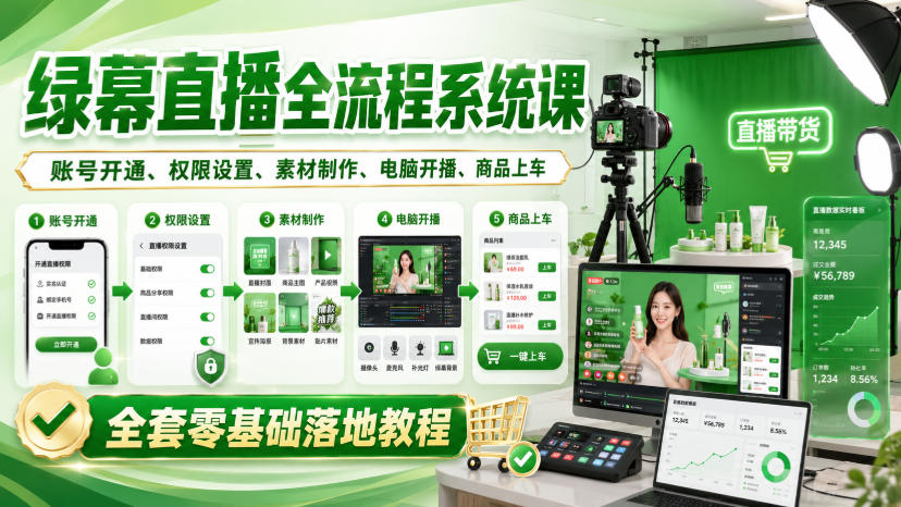 绿幕直播全流程系统课,账号开通、权限设置、素材制作、电脑开播、商品上车全套零基础落地教程-赛德副业库
