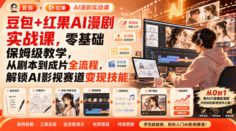 豆包+红果AI漫剧实战课,零基础保姆级教学,从剧本到成片全流程,解锁AI影视赛道变现技能-赛德副业库