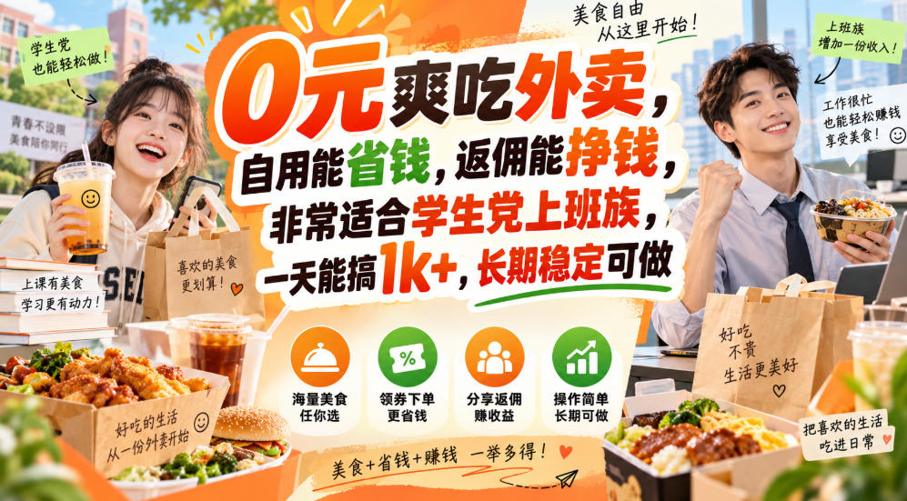0元爽吃外卖，自用能省钱，返佣能挣钱，非常适合学生党上班族，一天能搞1k+，长期稳定可做-赛德副业库