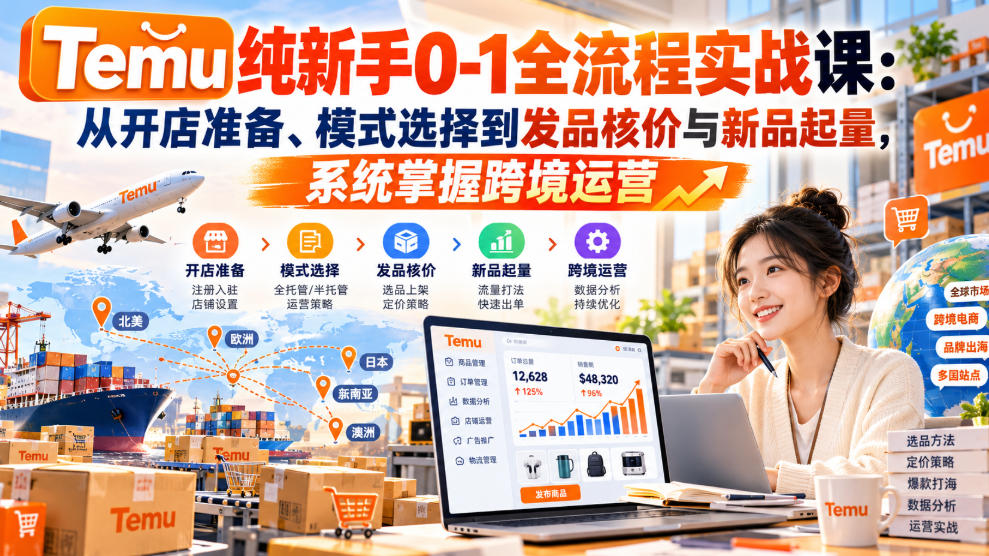 【无水印】Temu纯新手0-1全流程实战课:从开店准备、模式选择到发品核价与新品起量,系统掌握跨境运营-赛德副业库