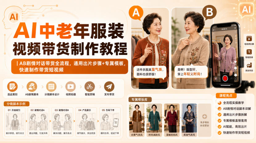 AI中老年服装视频带货制作教程｜AB剧情对话带货全流程，通用出片步骤+专属模板，快速制作带货短视频-赛德副业库