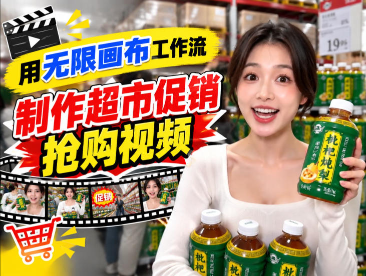 无限画布超市促销抢购视频工作流，一键产出TikTok抖音带货短视频-赛德副业库