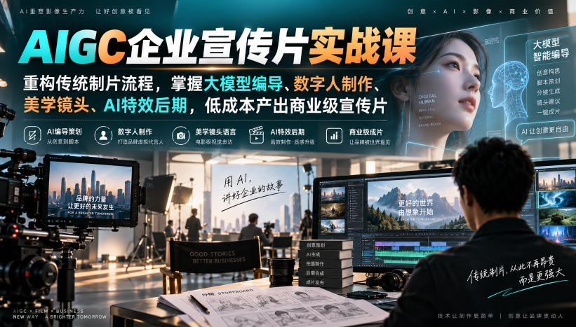 AIGC企业宣传片实战课,重构传统制片流程,掌握大模型编导、数字人制作、美学镜头、AI特效后期,低成本产出商业级宣传片-赛德副业库