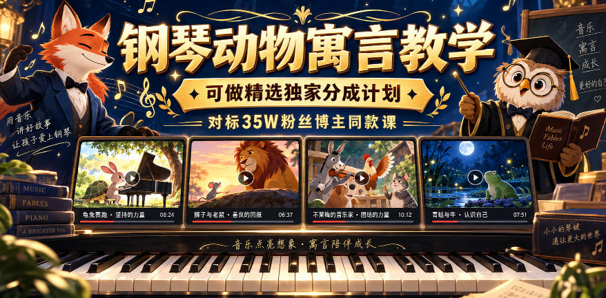 钢琴动物寓言教学,可做精选独家分成计划,对标35W粉丝博主同款课-赛德副业库
