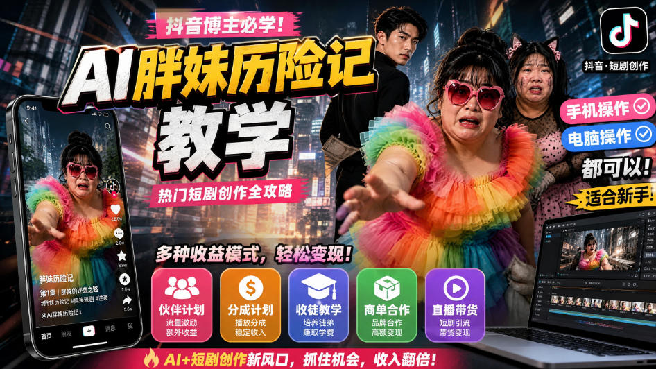 抖音博主的AI胖妹历险记教学,伙伴计划+分成计划+收徒+商单等多种收益,适合新手,手机电脑都可以操作-赛德副业库